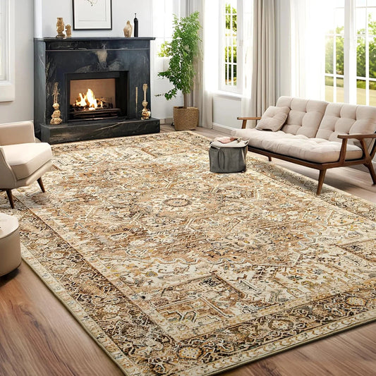 Faux Cashmere Vintage Printed Rug Area Rugs, Low Pile Rugs for Living Room Bedroom