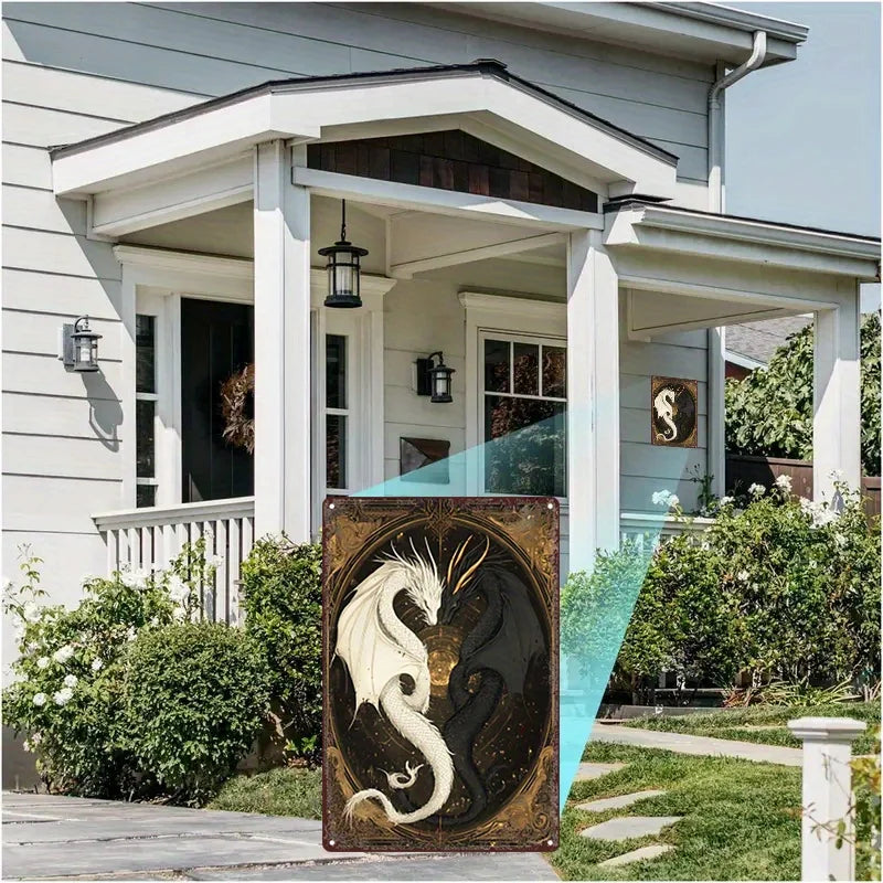 Yin-Yang Dragons Metal Sign - Vintage Aluminum Wall Art, 8x12 inches, Duality Harmony for Home