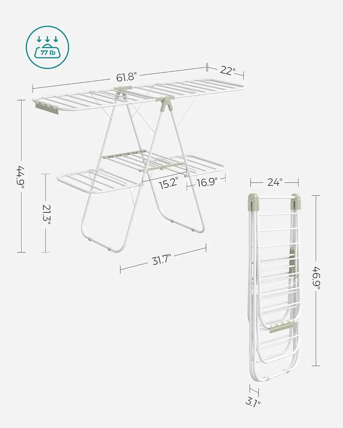 Clothes Drying Rack Foldable 2-Level Laundry Drying Rack Free-Standing Large Drying Rack with Height-Adjustable Wings