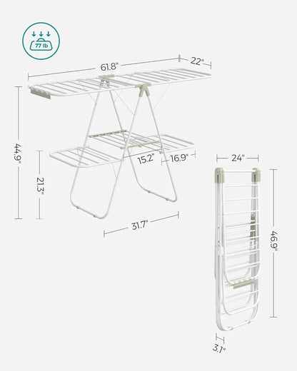 Clothes Drying Rack Foldable 2-Level Laundry Drying Rack Free-Standing Large Drying Rack with Height-Adjustable Wings