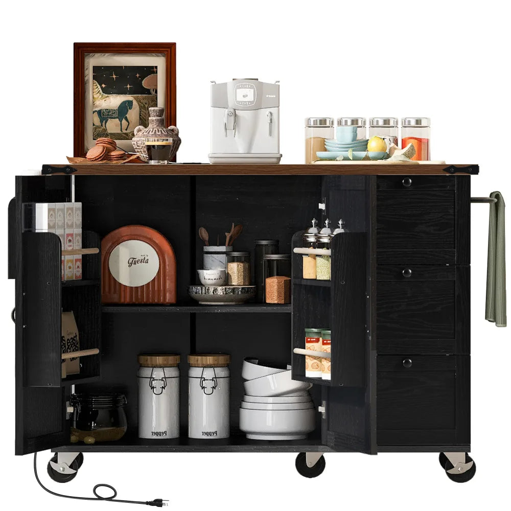 54.5" Farmhouse Kitchen Island with Power Outlet, Kitchen Storage Island  with Internal Storage Rack, Drop Leaf, Spice Rack