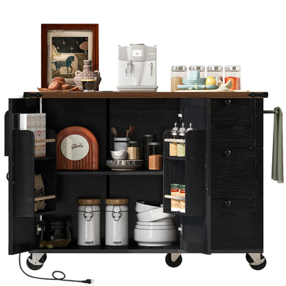54.5" Farmhouse Kitchen Island with Power Outlet, Kitchen Storage Island  with Internal Storage Rack, Drop Leaf, Spice Rack