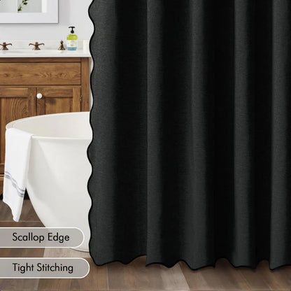 84 Long Scalloped Shower Curtain Linen Textured with 12 Metal Hooks Cute Extra Long Heavy Duty Washable Waterproof Cloth Hallow