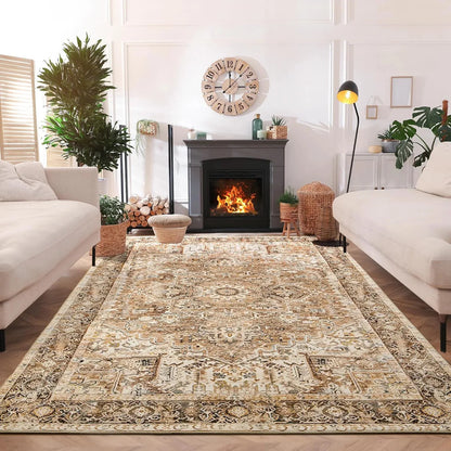Faux Cashmere Vintage Printed Rug Area Rugs, Low Pile Rugs for Living Room Bedroom