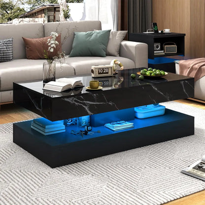 Modern Stylish Coffee Table with LED lights, Double-Layer Design for Living Room Coffee Table with 2 Storage Drawers