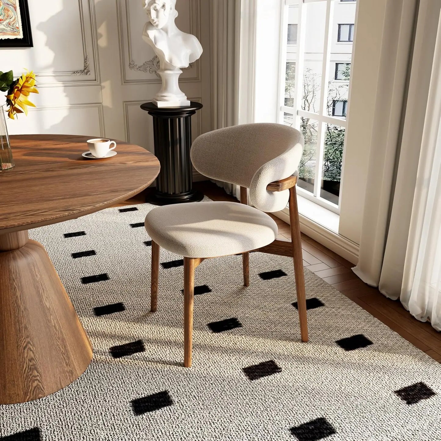 Solid Wood Dining Chairs Set of 2, Modern Upholstered Dining Chair with Curved Backrest, Natural Wood Legs