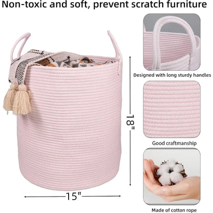 Large Light Pink Cotton Rope Laundry Basket Hamper for Girls Baby Nursery Storage Bin