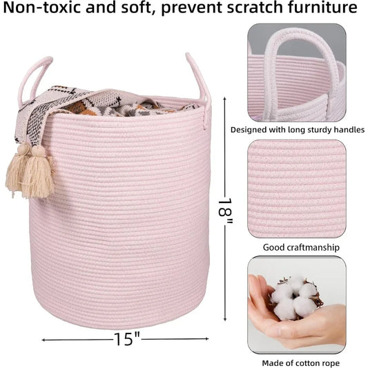 Large Light Pink Cotton Rope Laundry Basket Hamper for Girls Baby Nursery Storage Bin