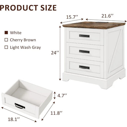 Farmhouse Nightstand with Charging Station, 3 Drawers Bedside Table