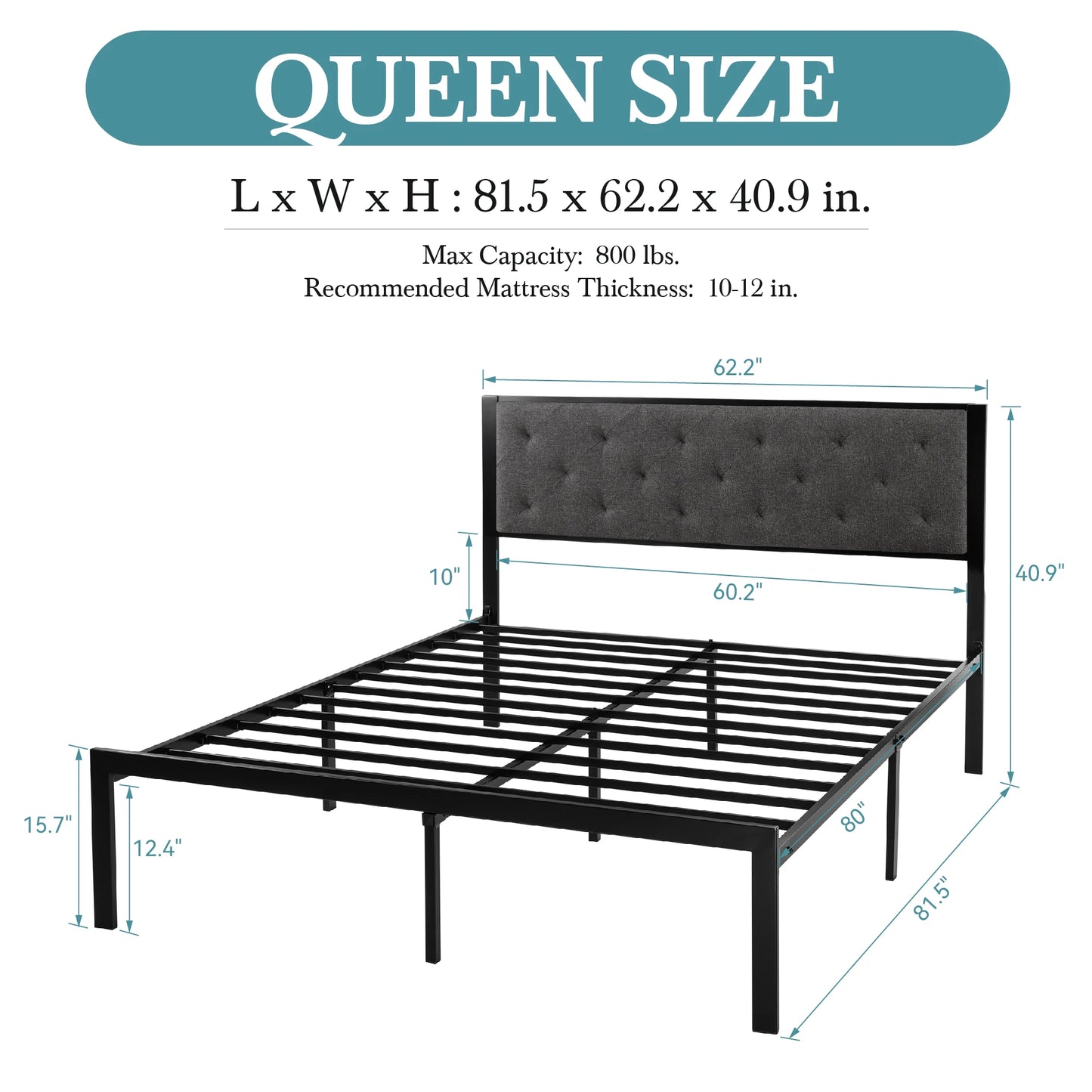 Metal Bed Frame with Upholstered Finely Stitched Headboard, Linen Fabric, Sturdy Foundation, No Box Spring Needed