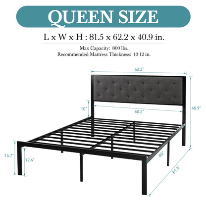 Metal Bed Frame with Upholstered Finely Stitched Headboard, Linen Fabric, Sturdy Foundation, No Box Spring Needed