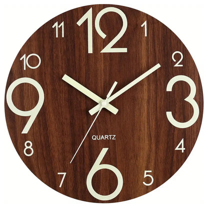 12 Inch Wooden Simple Luminous Wall Clock Silent Non Ticking Analog