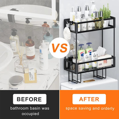2-Tier Over Toilet Storage Shelf - Wall Mounted with Hooks  Paper Holder, Bathroom Space Saver Organizer for Home,Black