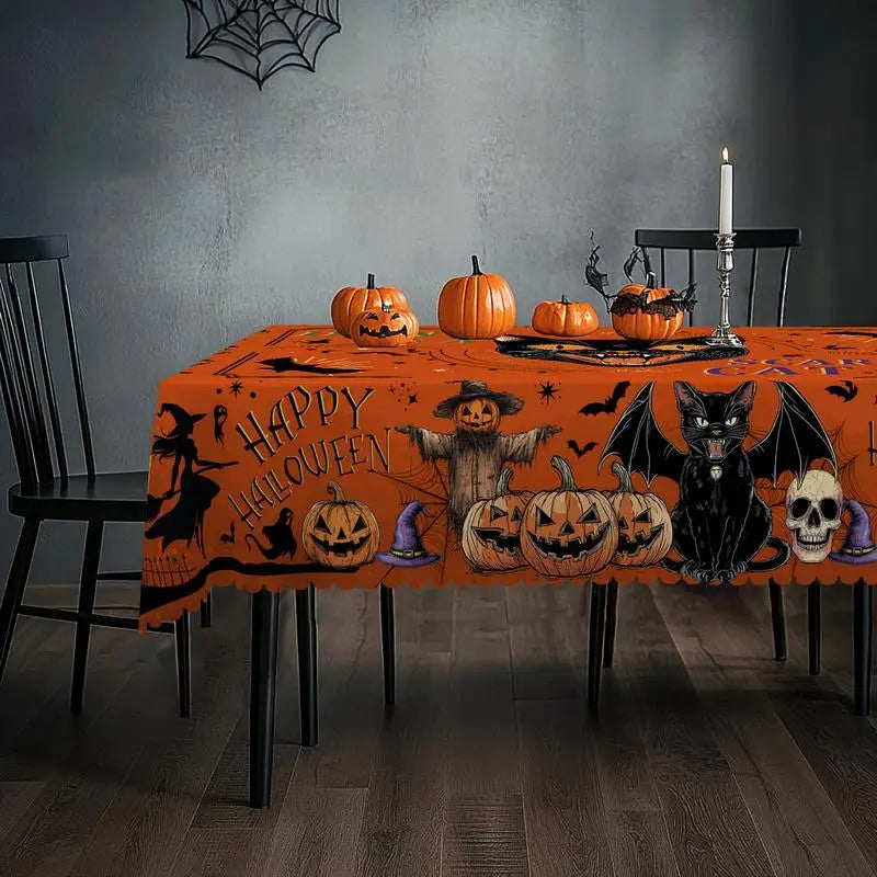 Halloween Decorative Printed Tablecloth, Pumpkin Bat Witch Ghost Pattern Rectangular/Round Tablecloth.