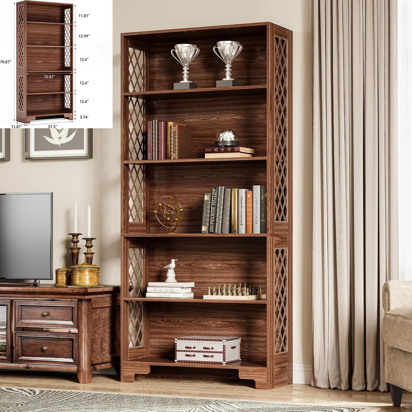 6-Tier Bookcase, 70-Inch Tall Bookshelf with Storage Shelves, Open Bookcase Display Shelving Unit for Living Room, Bedroom