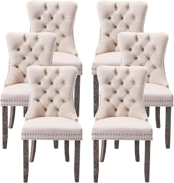 Leather Dining Chairs Set of 6, Upholstered Dining Room Chair with Nail head Trim and Solid Wood Legs, Luxury Wingback