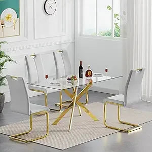 Glass Dining Table Set for 4, 5-Piece Modern Kitchen Table Set with 4 High-Back PU Leather Upholstered Chair for Kitchen Dining