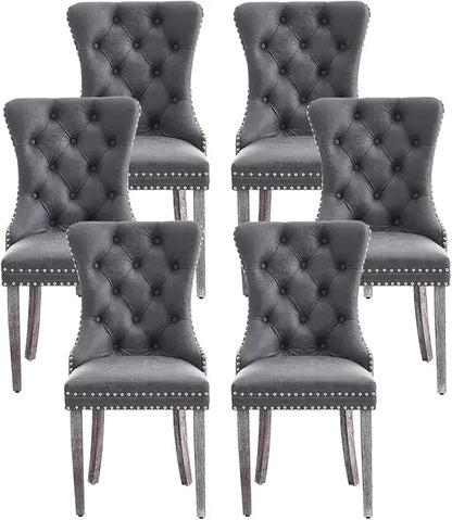Leather Dining Chairs Set of 6, Upholstered Dining Room Chair with Nail head Trim and Solid Wood Legs, Luxury Wingback