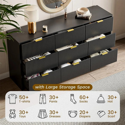 Black Dresser for Bedroom, 9 Drawer, Modern Chest of Drawers