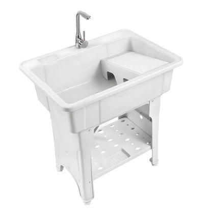 Freestanding Plastic Laundry Sink with Washboard Indoor Outdoor Utility Sink with Cold and Hot Water Faucet Hoses and Drain Kit