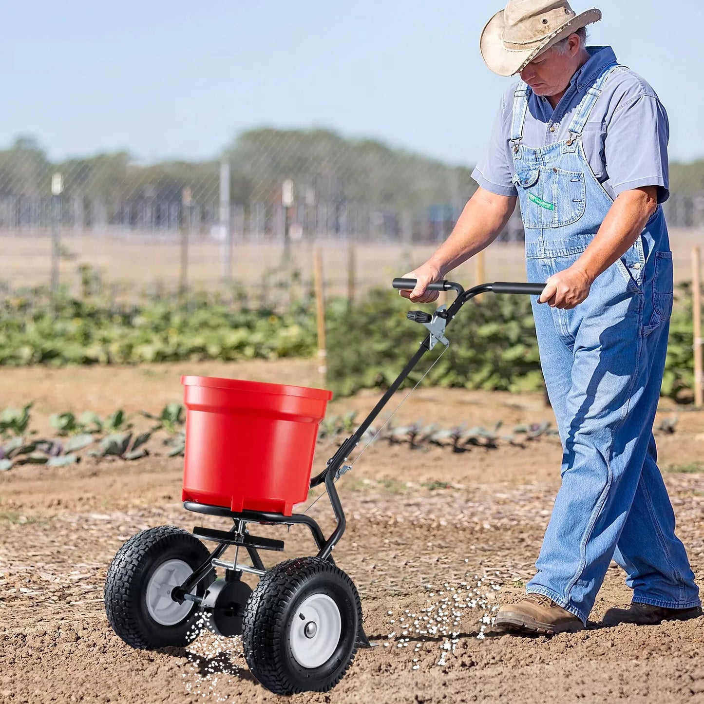 Broadcast Spreader Walk Behind Turf Spreader Steel Push Fertilizer Salt Spreader Garden Seeder for Home Farm 90LBS 12.5in Wheels