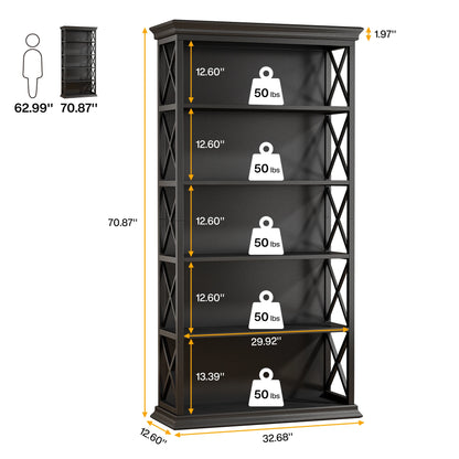 6-Tier Bookcase, 71 Inches Industrial Bookshelves and Bookcases, Floor Standing 5 Shelf Display Storage Shelves