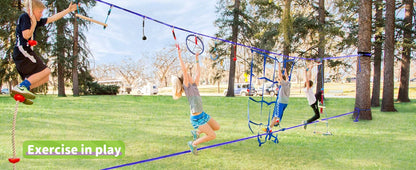 Warrior Obstacle Course For Kids And Adults - 65FT Slackline With Tree Climbing Rock Holds, Swing Seat, Monkey Bars, Ring Wheel,