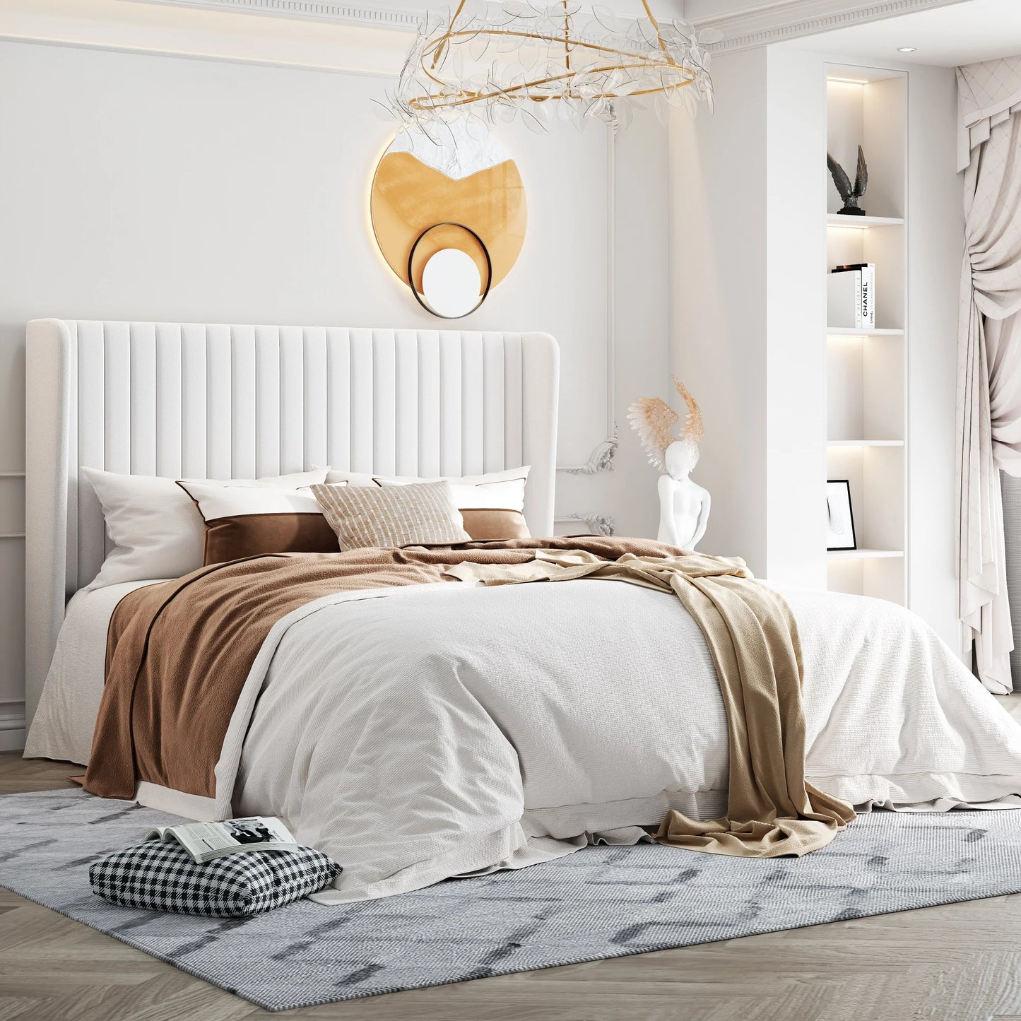 Velvet Upholstered Bed Frame, Vertical Channel Tufted Wingback Headboard, Wooden Slats