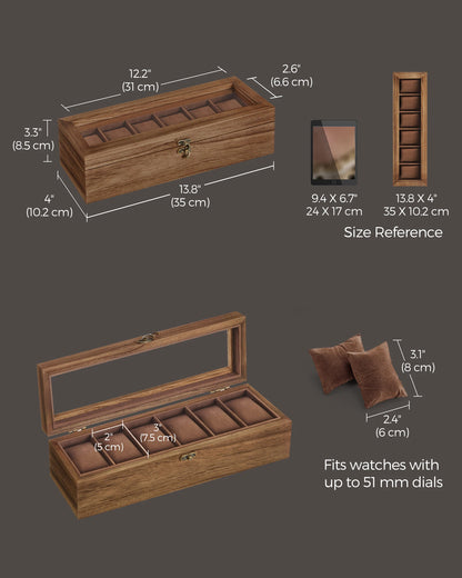 Watch Box, 6-Slot Watch Case, Solid Wood Watch Box Organizer with Glass Lid, Watch Display Case with Removable Pillows