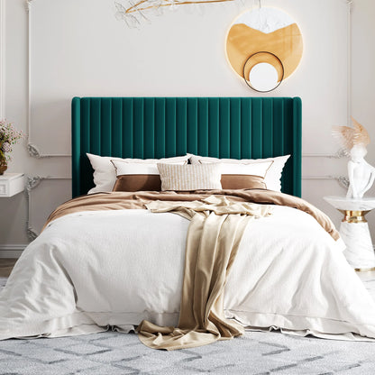 Velvet Upholstered Bed Frame, Vertical Channel Tufted Wingback Headboard, Wooden Slats