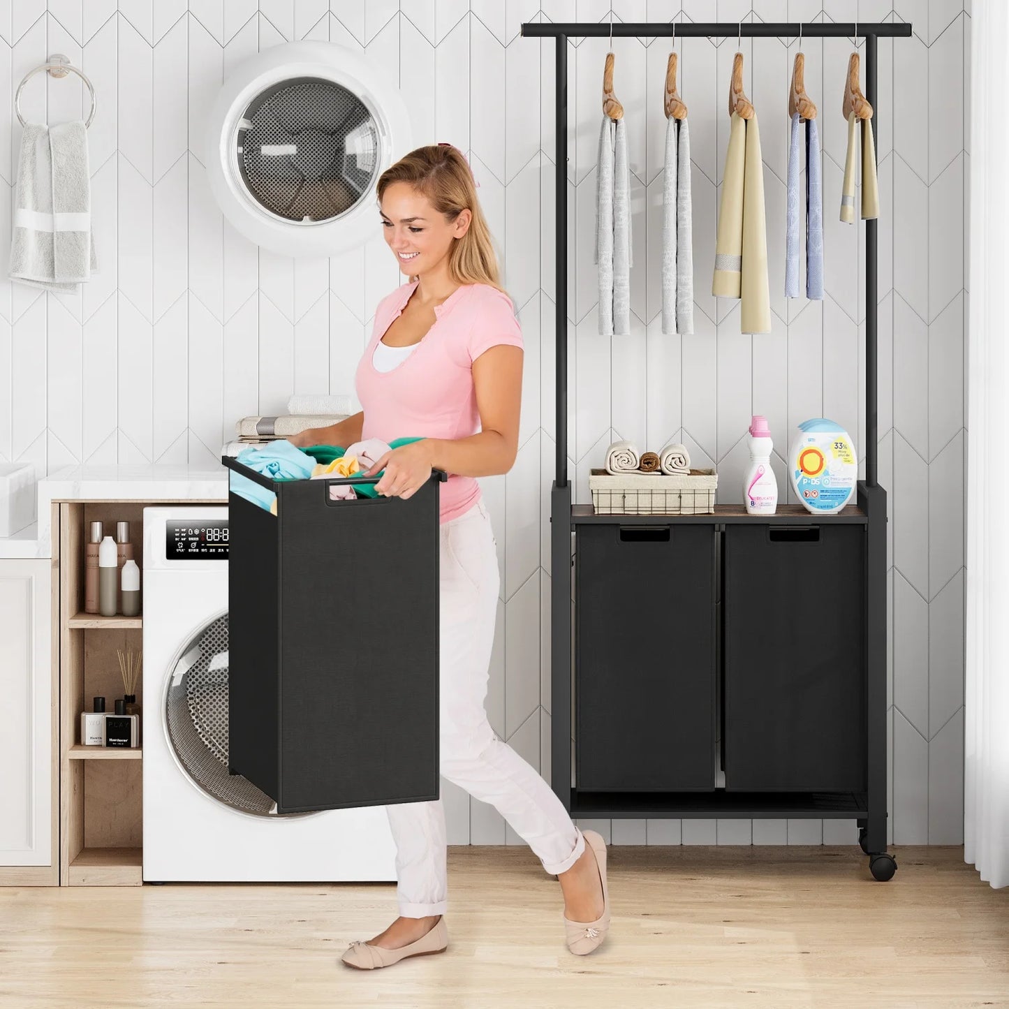 Laundry Sorter With Extendable Hanging Bar Laundry Basket With Wheels And Shelf, Laundry Room Organization And Storage