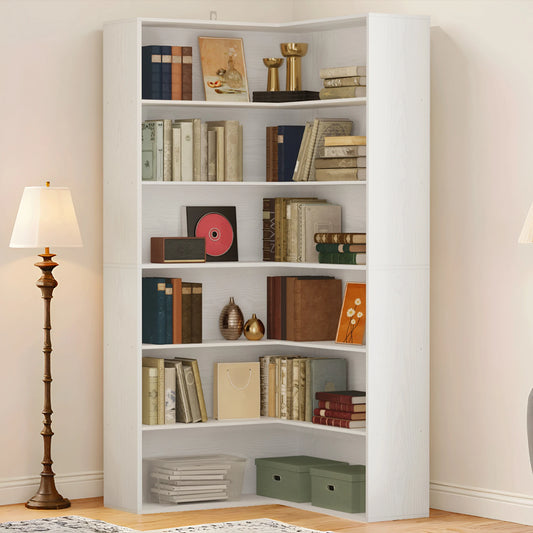 Corner Bookshelf with Baffles, Corner Bookcases 6 Tiers, Shelf Storage Rack for Living Room, Home Office