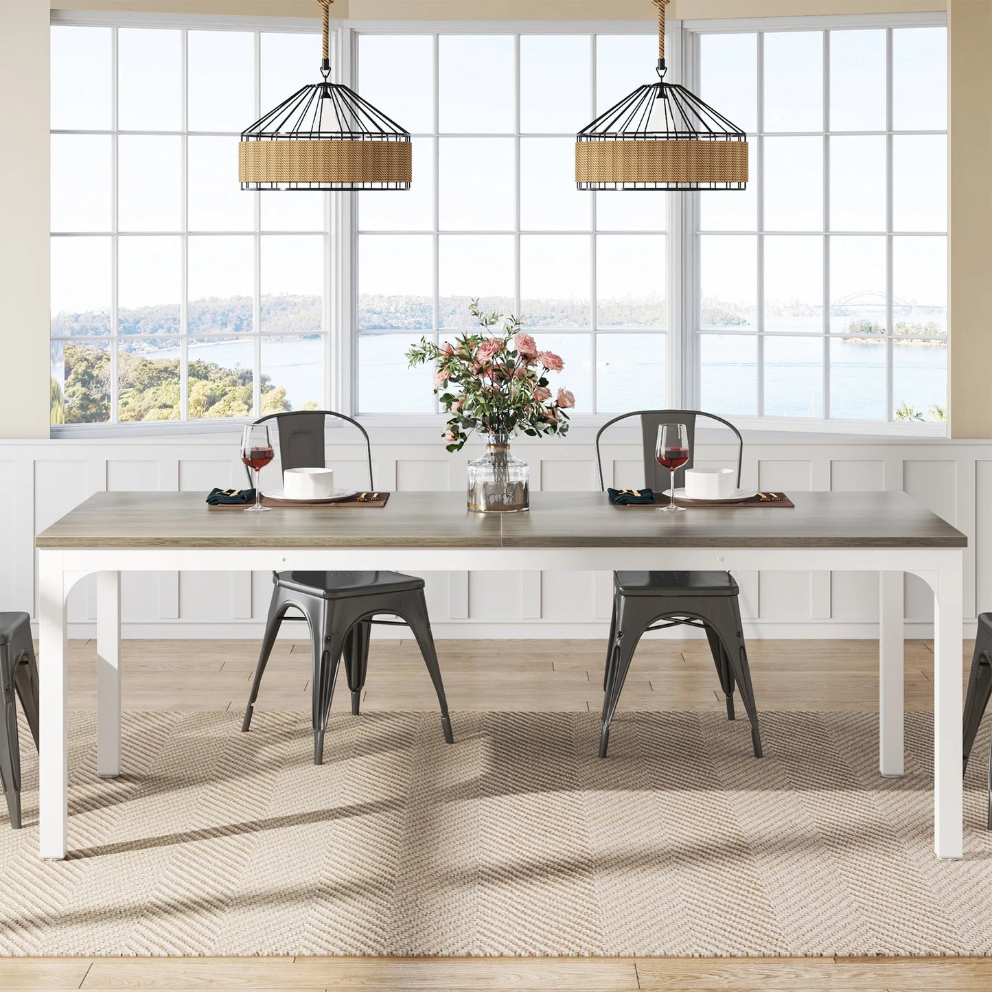 Dining Table for 6-8 People, 200cm Large Narrow Long Rectangular Kitchen Dinner Table, Rustic Wood Dining Table