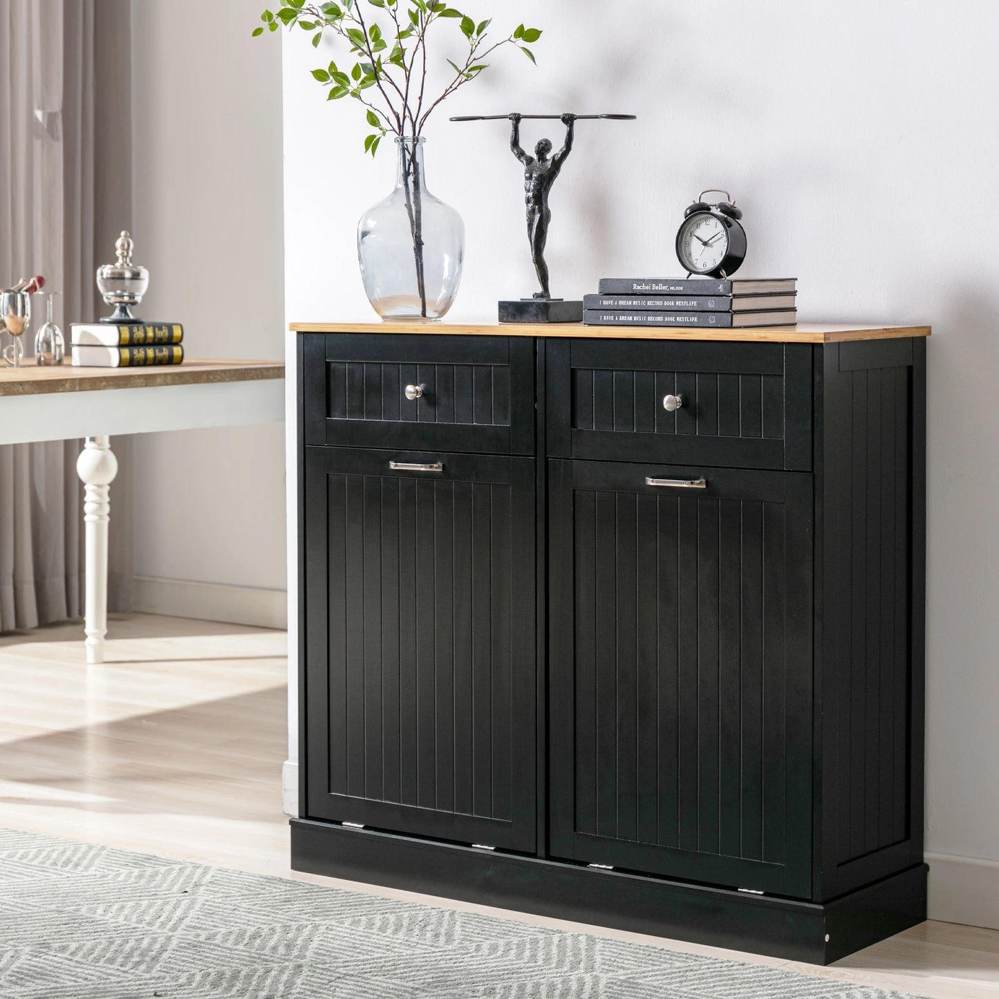 Double Tilt Out Trash Cabinet 20 Gallon, Freestanding Wooden Kitchen Trash Recycling Cabinet with Drawer & Removable Cutting Boa