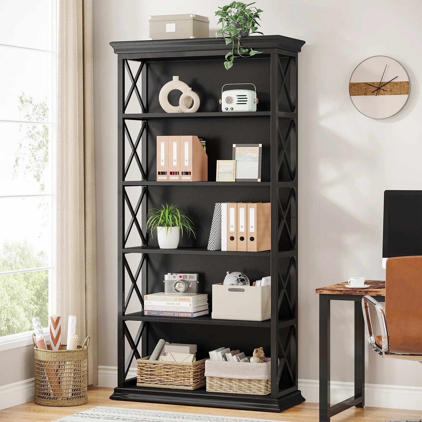 6-Tier Bookcase, 71 Inches Industrial Bookshelves and Bookcases, Floor Standing 5 Shelf Display Storage Shelves