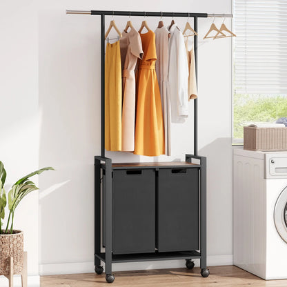 Laundry Sorter With Extendable Hanging Bar Laundry Basket With Wheels And Shelf, Laundry Room Organization And Storage