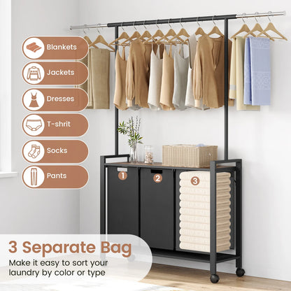Laundry Sorter With Extendable Hanging Bar Laundry Basket With Wheels And Shelf, Laundry Room Organization And Storage