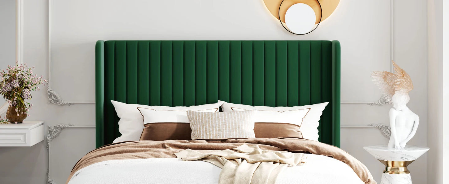 Velvet Upholstered Bed Frame, Vertical Channel Tufted Wingback Headboard, Wooden Slats