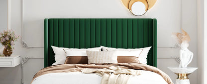 Velvet Upholstered Bed Frame, Vertical Channel Tufted Wingback Headboard, Wooden Slats