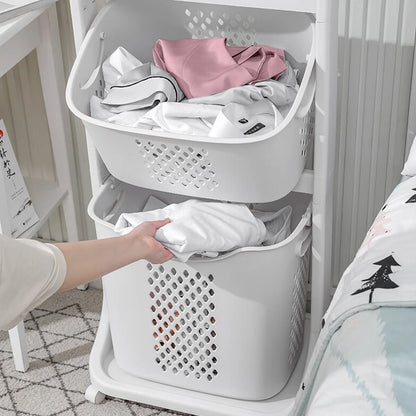 2/4 Tier Laundry Basket Cart Removable Storage Buckets Plastic Hamper with 4 Wheels White