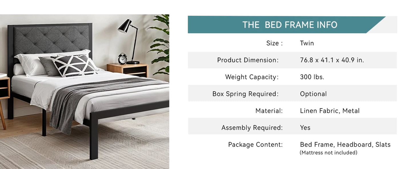 Metal Bed Frame with Upholstered Finely Stitched Headboard, Linen Fabric, Sturdy Foundation, No Box Spring Needed