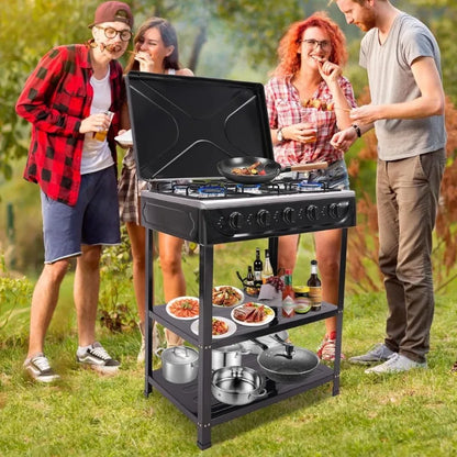 Natural Gas Stove Outdoor 5-Burner Stove Portable, with 2 Placement Boards and Windshield for Outdoor Camping RV Travel