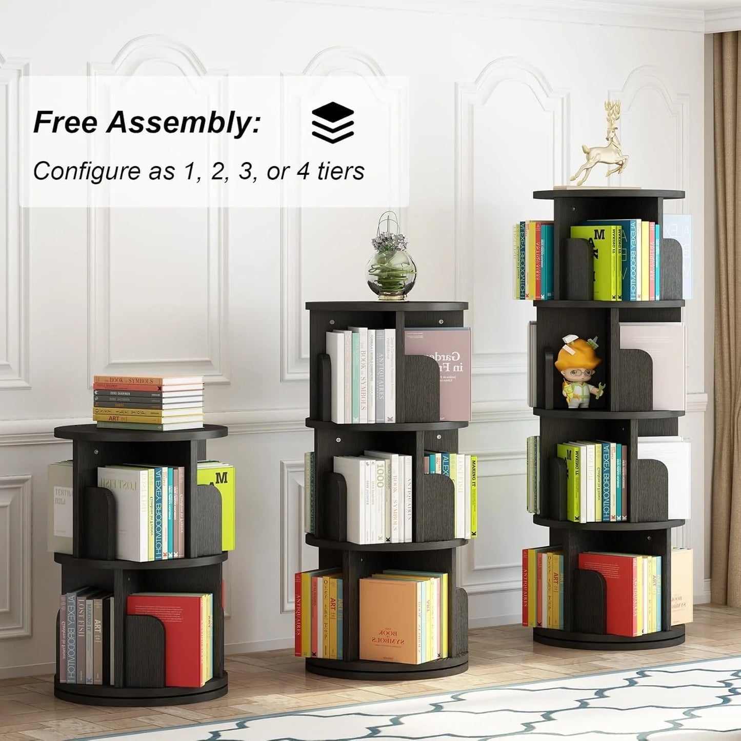 4 Tier Rotating Bookshelf Tower Floor Standing Storage Rack 360 Degree Revolvin Bookcase  Narrow Bookshelf Organizer for Home