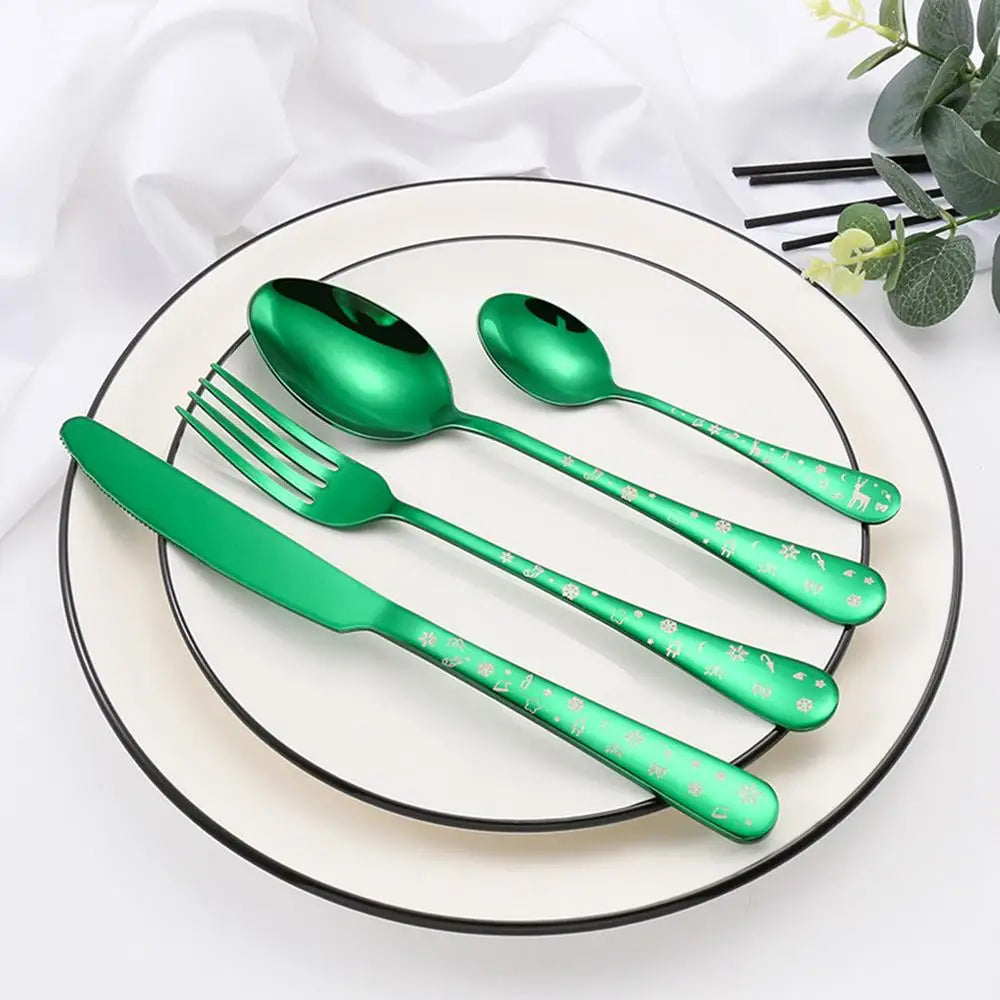 4pcs/set High Quality Christmas Flatware Set Stainless Steel Red Green Dinnerware Knife Fork Spoon Cutlery Dishwasher Safe
