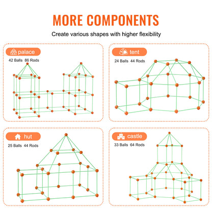Fort Building Kit Children's DIY Indoor Castle Beading Stem with 96 Rods and 44 Balls Play Tent Toy for 4+ Kids Gifts