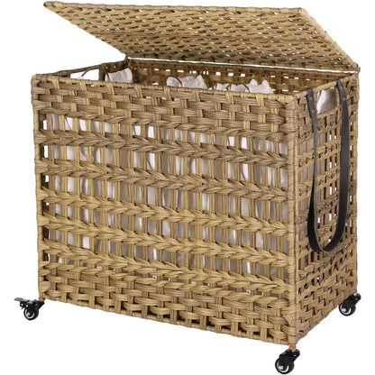 Laundry Hamper with Lid 140L Synthetic Rattan Laundry Basket with Wheels Clothes Hamper with 3Removable Liner Bags 3Section