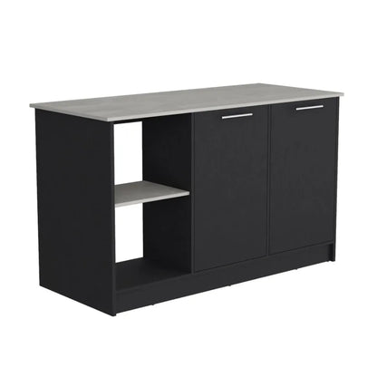 Large Top Surface Kitchen Island Double Door Cabinet Open Shelves Black Ibiza Marble