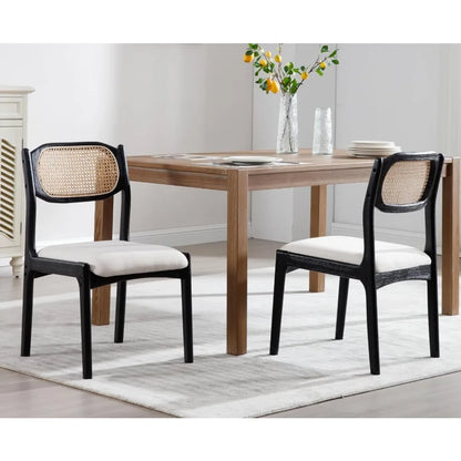 Farmhouse Rattan Dining Chairs Set of 2 Modern Mid Century Dining Room Chairs Upholstered Linen Kitchen Side Chairs