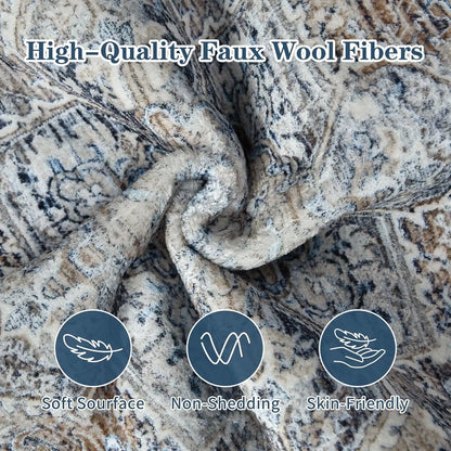 Faux Cashmere Vintage Printed Rug Area Rugs, Low Pile Rugs for Living Room Bedroom