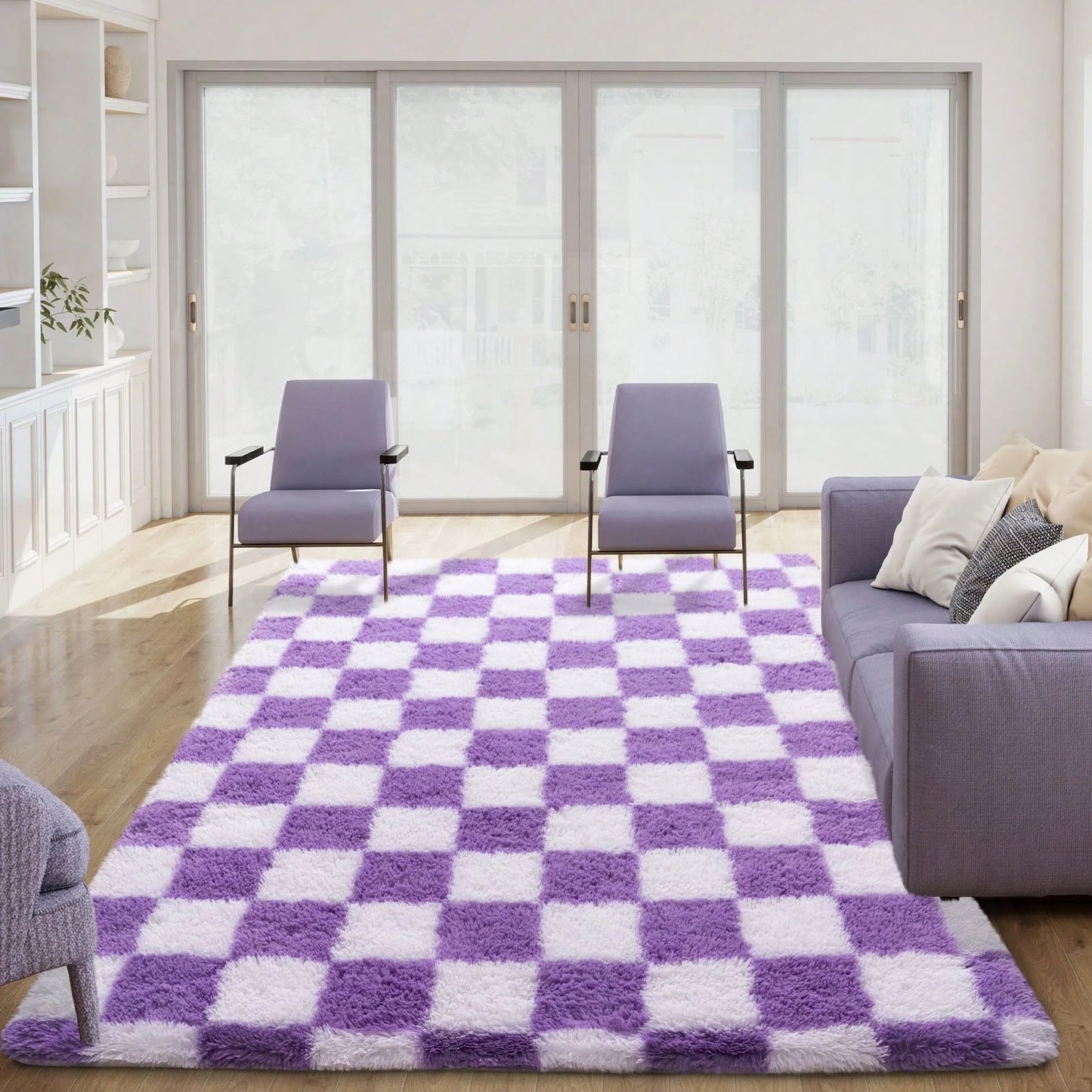 Fluffy Long Shag Plaid Area Rug for Bedroom, Living Room Washable , Super Soft Indoor Plush Rug.